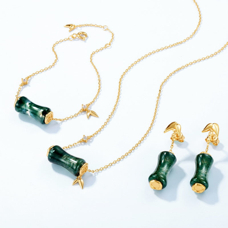 Natural Green Moss Stone Bamboo Necklace