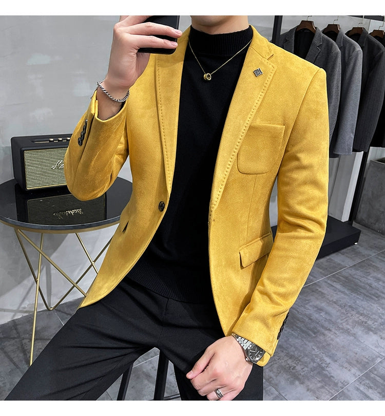 Men's Deerskin Fleece Jacket Suit Coat Blazer Men's Business Leisure Slim Fit Brand Fashion High Quality Single Button Suit Coat