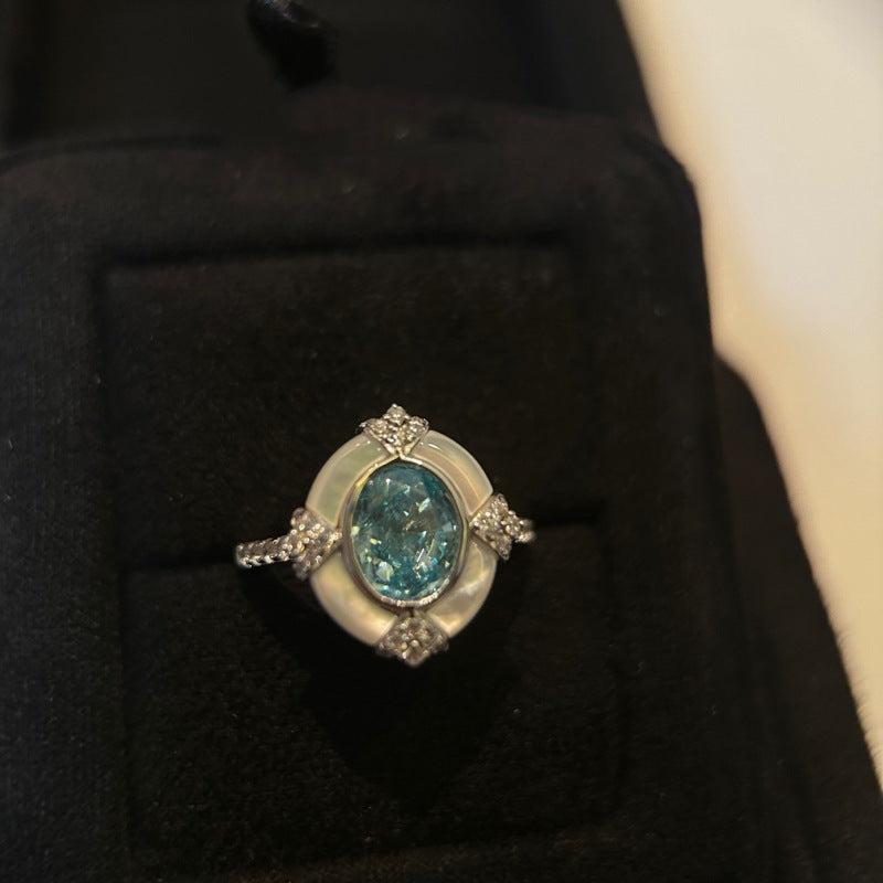 S925 Sterling Silver Aquamarine Oval White Shell Ring Artistic Retro