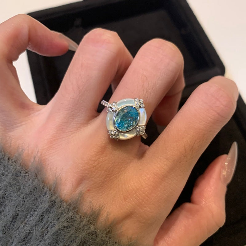 S925 Sterling Silver Aquamarine Oval White Shell Ring Artistic Retro