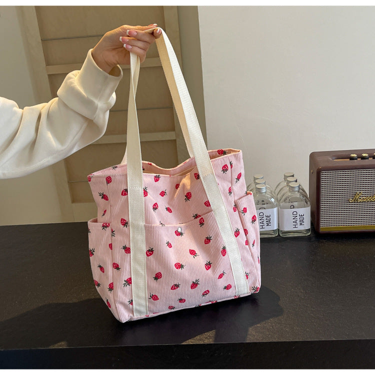 Strawberries Corduroy Handbag Sweet Women's Bag Fashionable Versatile Shoulder Bag Beautiful Simple Commuter Women's Tote Bags