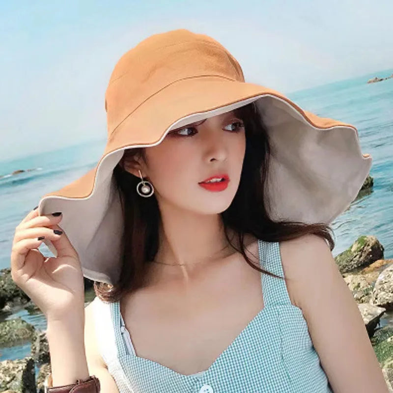 Wide Brim UPF 50+ Sun Hat Women Anti-UV Protection Hiking Fisherman Cap Fold Summer Solid Beach Hat 2024 Double sided Sun hat