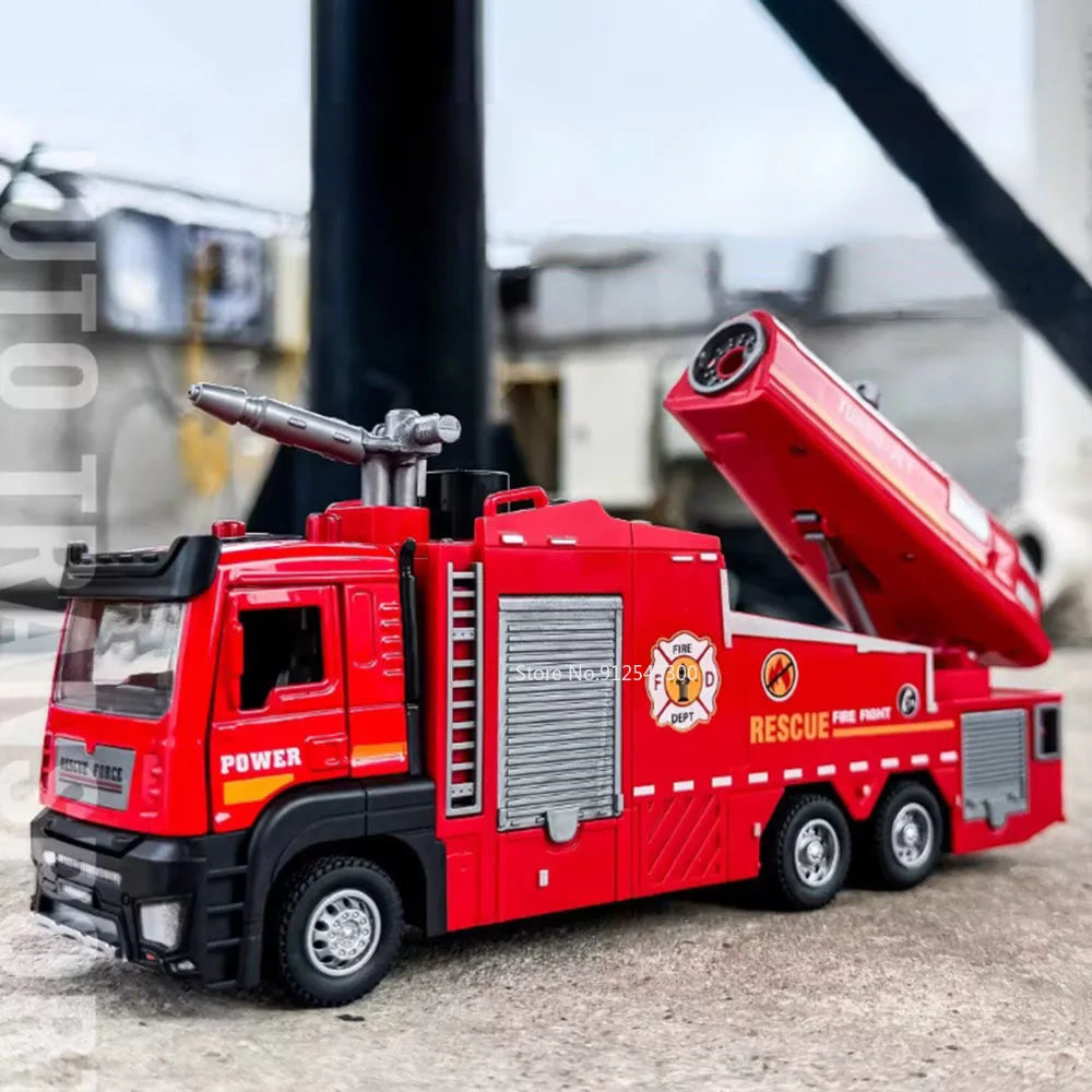 1:32 Scale Water Spray Fire Truck Model Ladder Trucks Toy Car Sound Light Pull Back Doors Opened Vehicle Collection Boys Gift