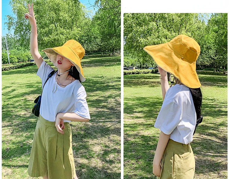 Wide Brim UPF 50+ Sun Hat Women Anti-UV Protection Hiking Fisherman Cap Fold Summer Solid Beach Hat 2024 Double sided Sun hat