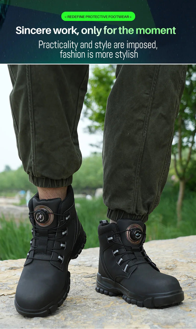 Rotating Button Work Shoes for Men Anti Puncture Work Sneakers Waterproof Work Safety Shoes Non Slip Steel Toe Tactical Boots