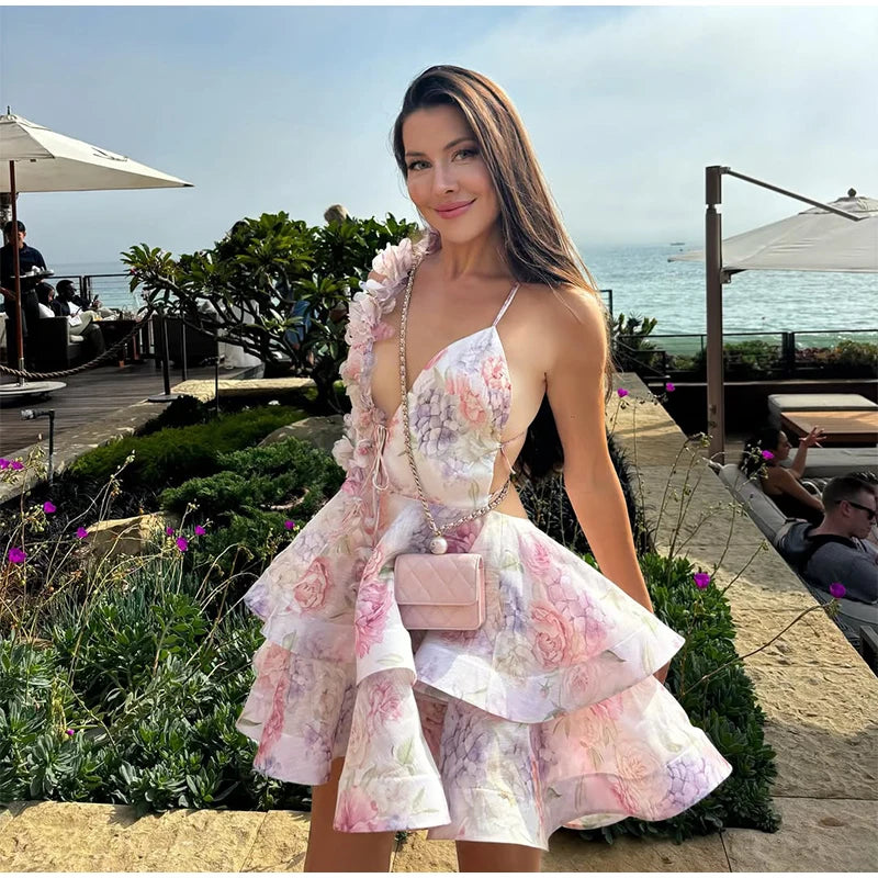 Backless Party Dress Women Elegant 3D Flower Print Sling Lace Up Ruffle A-line Mini Evening Dresses Female 2025 Summer Swimwears