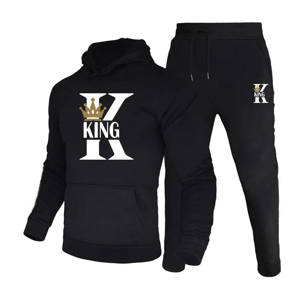 KING Printed Hoodies Suit Men's Casual Sweatershirts Pants Set Fashion Fleece Autumn Winter Jogging Pullover Sweatpants Clothing