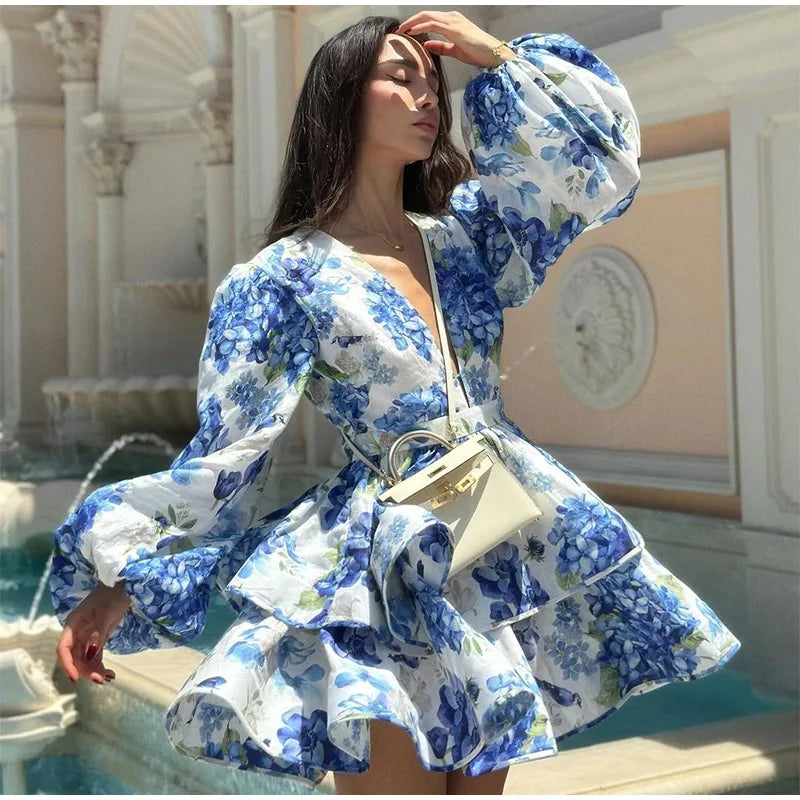 Backless Party Dress Women Elegant 3D Flower Print Sling Lace Up Ruffle A-line Mini Evening Dresses Female 2025 Summer Swimwears