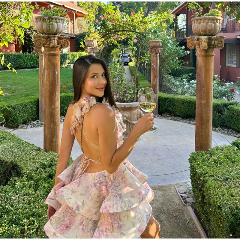 Backless Party Dress Women Elegant 3D Flower Print Sling Lace Up Ruffle A-line Mini Evening Dresses Female 2025 Summer Swimwears