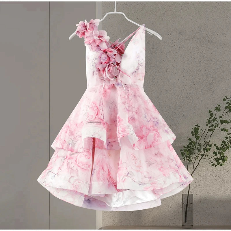Backless Party Dress Women Elegant 3D Flower Print Sling Lace Up Ruffle A-line Mini Evening Dresses Female 2025 Summer Swimwears