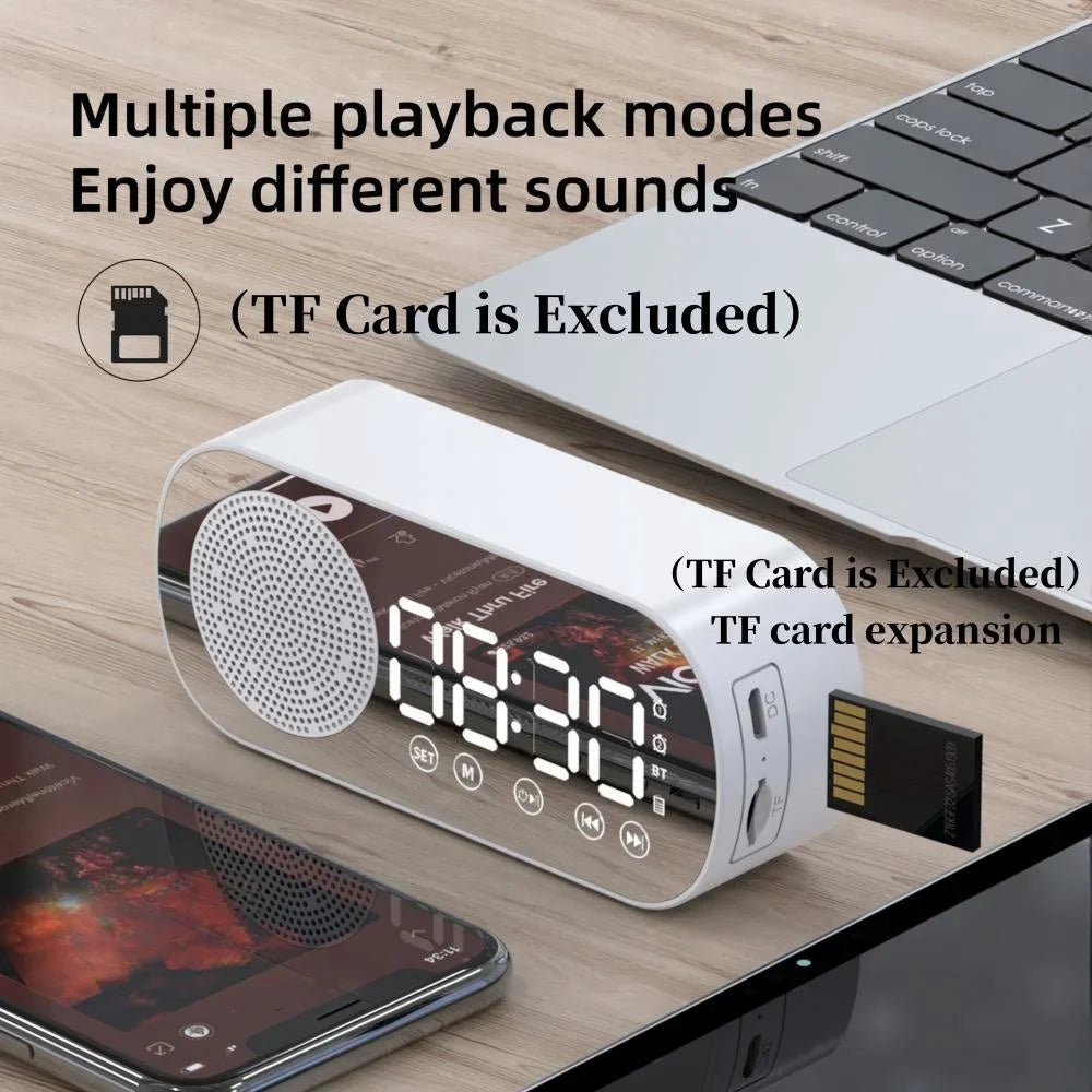 Mini Mirror Digital Alarm Clock Timer Rechargable Wireless Clock 2 Alarms FM Radio Wireless Speaker Subwoofer Desktop LED Clock