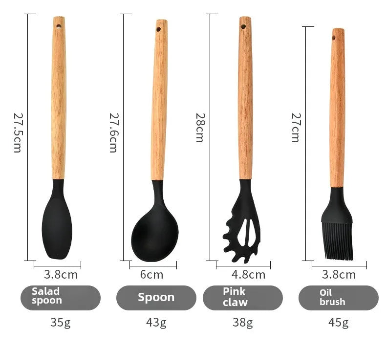 High Temperature Resistant Silicone Kitchenware with Wooden Handle12Set of Cooking Ladel Cream Scraper Tongs Egg Beater