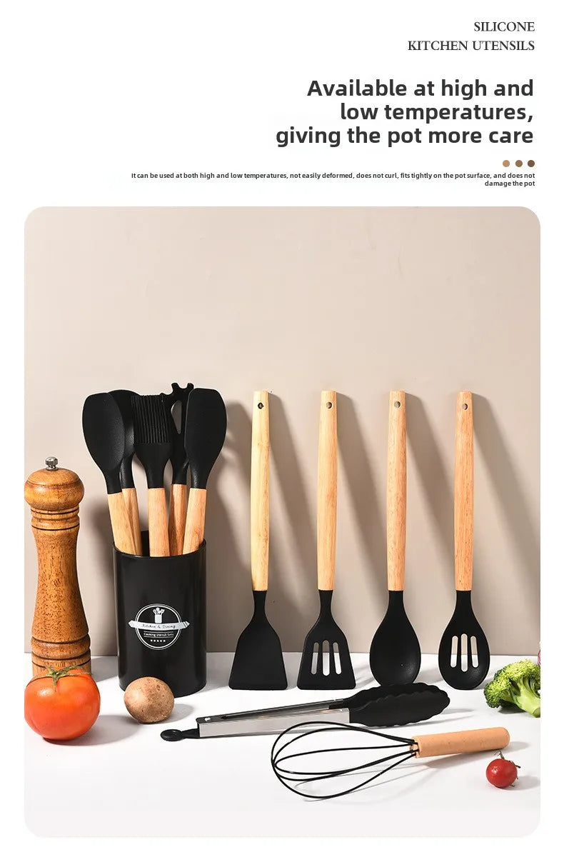 High Temperature Resistant Silicone Kitchenware with Wooden Handle12Set of Cooking Ladel Cream Scraper Tongs Egg Beater