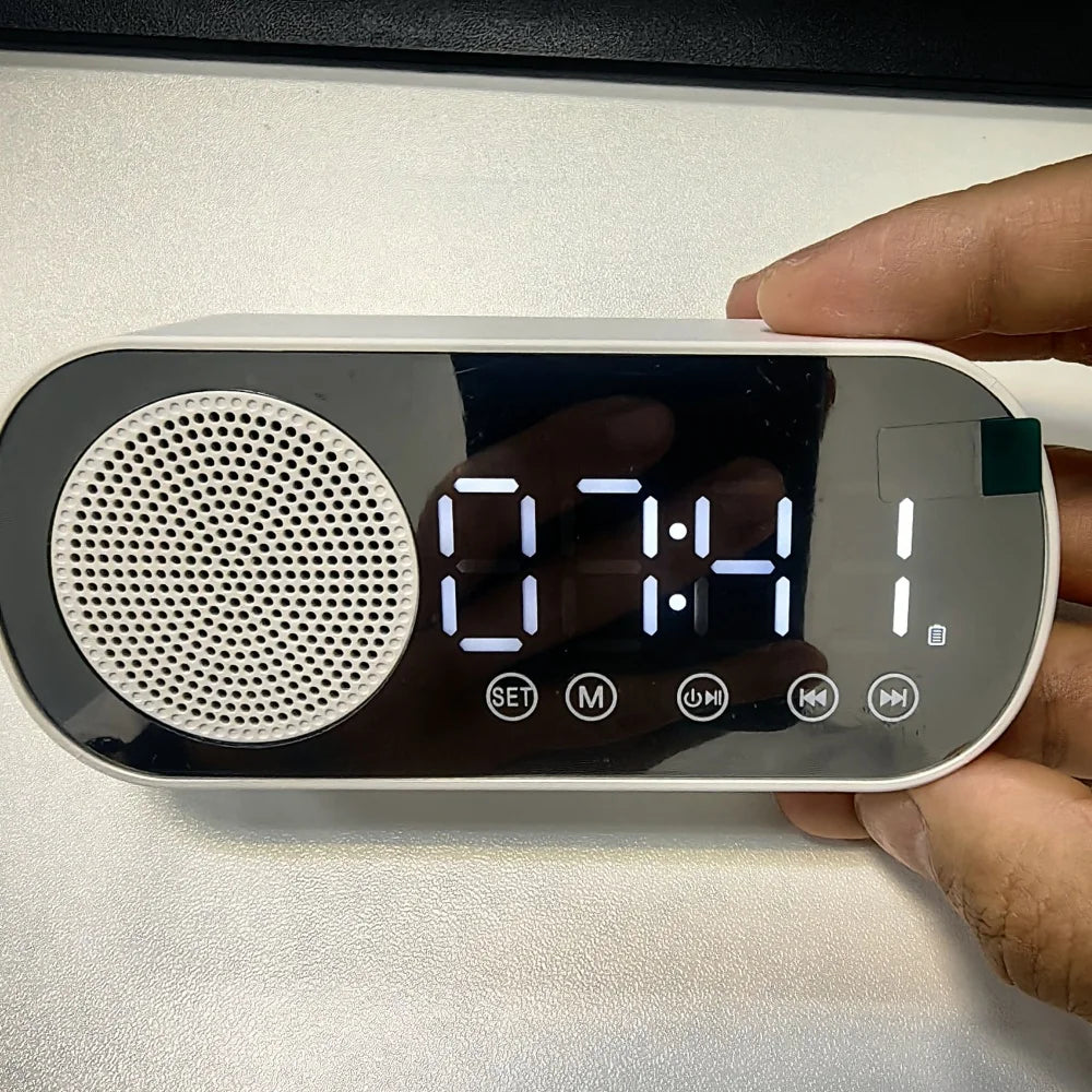 Mini Mirror Digital Alarm Clock Timer Rechargable Wireless Clock 2 Alarms FM Radio Wireless Speaker Subwoofer Desktop LED Clock