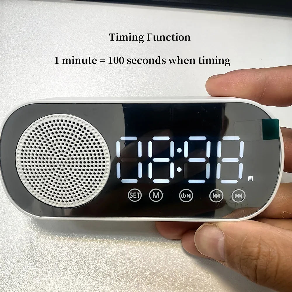 Mini Mirror Digital Alarm Clock Timer Rechargable Wireless Clock 2 Alarms FM Radio Wireless Speaker Subwoofer Desktop LED Clock