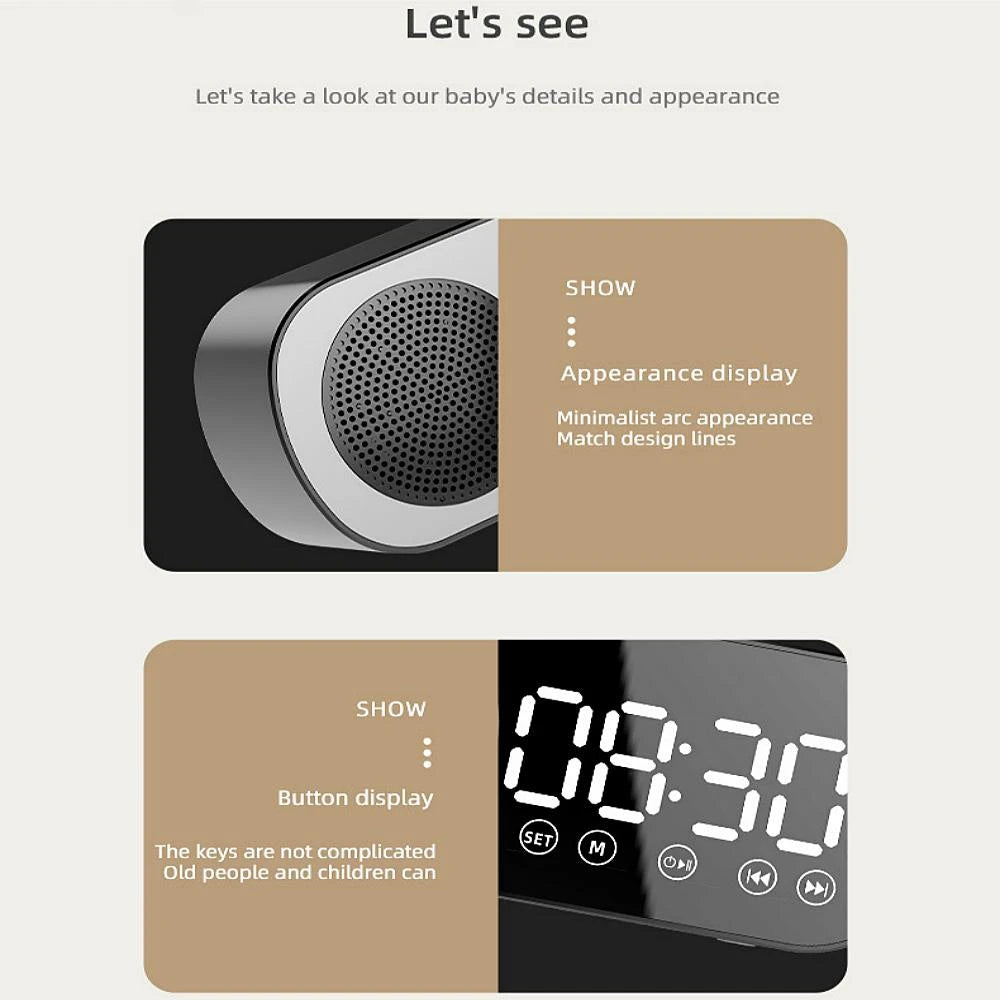 Mini Mirror Digital Alarm Clock Timer Rechargable Wireless Clock 2 Alarms FM Radio Wireless Speaker Subwoofer Desktop LED Clock