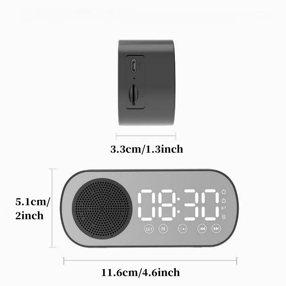 Mini Mirror Digital Alarm Clock Timer Rechargable Wireless Clock 2 Alarms FM Radio Wireless Speaker Subwoofer Desktop LED Clock