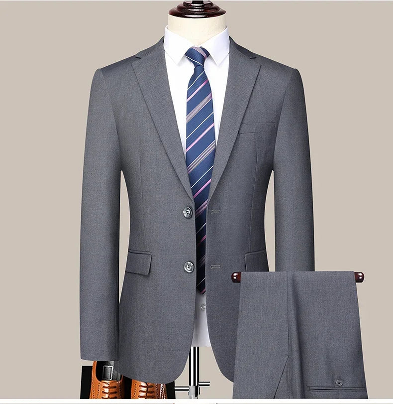 Men's 2024 Slim-fit Two-button Business Suit Professional Work Formal Two-piece Set Trousers Included S-6XL