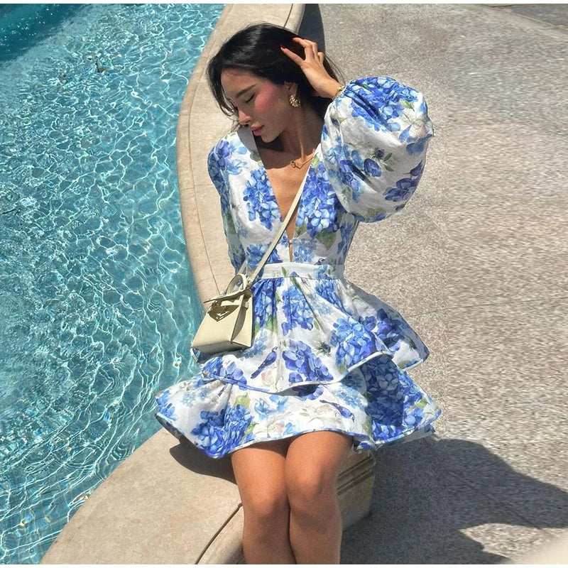 Backless Party Dress Women Elegant 3D Flower Print Sling Lace Up Ruffle A-line Mini Evening Dresses Female 2025 Summer Swimwears