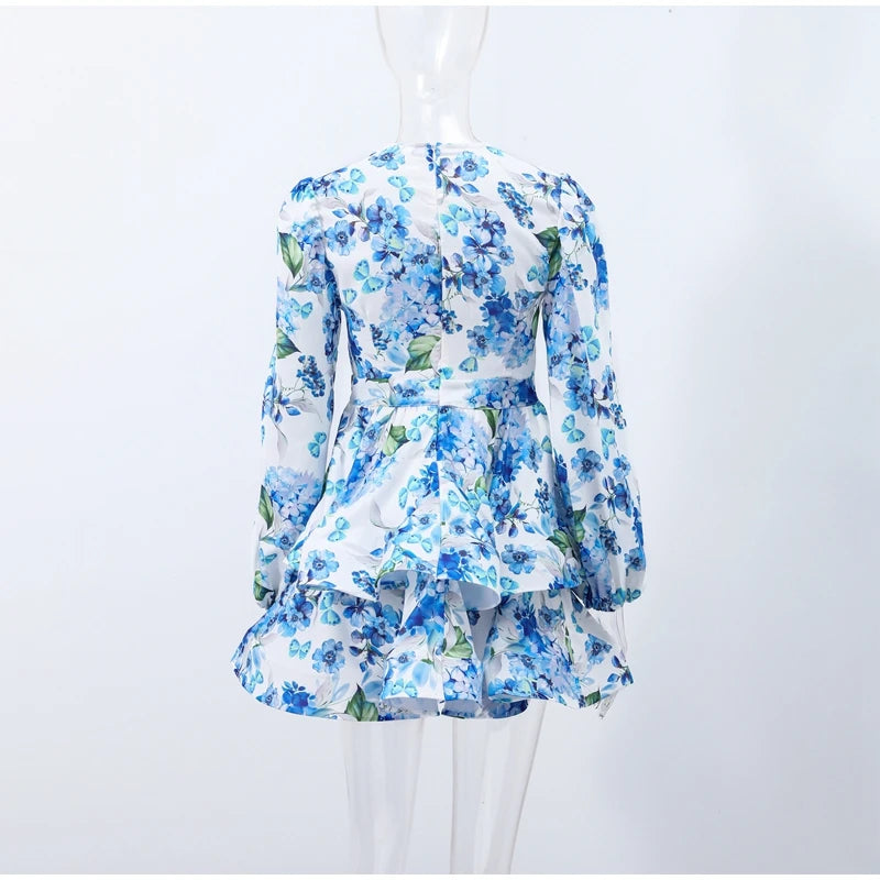 Backless Party Dress Women Elegant 3D Flower Print Sling Lace Up Ruffle A-line Mini Evening Dresses Female 2025 Summer Swimwears