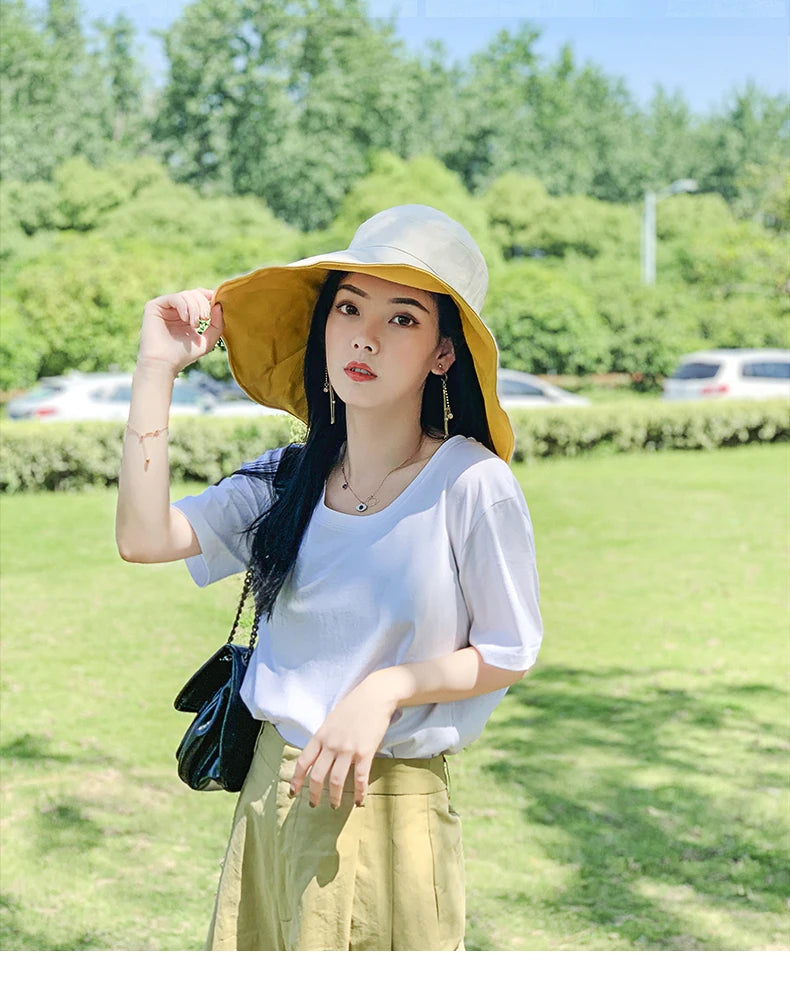 Wide Brim UPF 50+ Sun Hat Women Anti-UV Protection Hiking Fisherman Cap Fold Summer Solid Beach Hat 2024 Double sided Sun hat