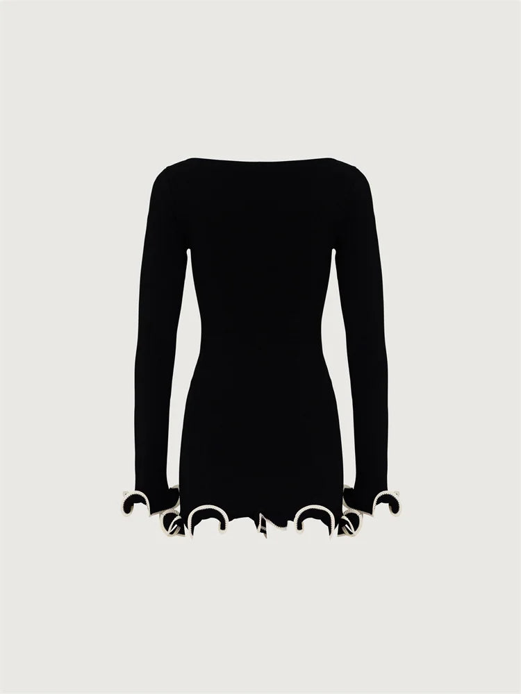 Fashion Women's Knit Mini Dress Ruffled Summer High Waist Elegant Slim Party Dress Patchwork Knitwear Sweater Female Dress