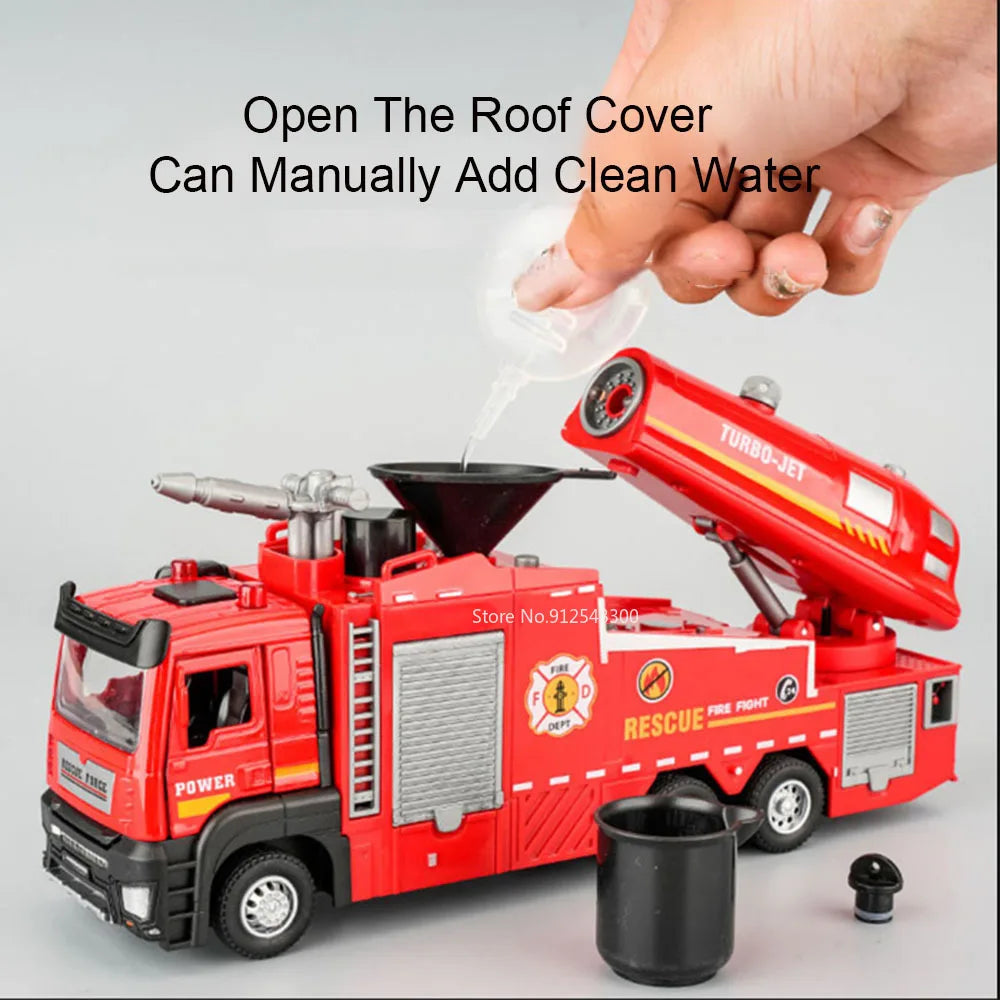 1:32 Scale Water Spray Fire Truck Model Ladder Trucks Toy Car Sound Light Pull Back Doors Opened Vehicle Collection Boys Gift