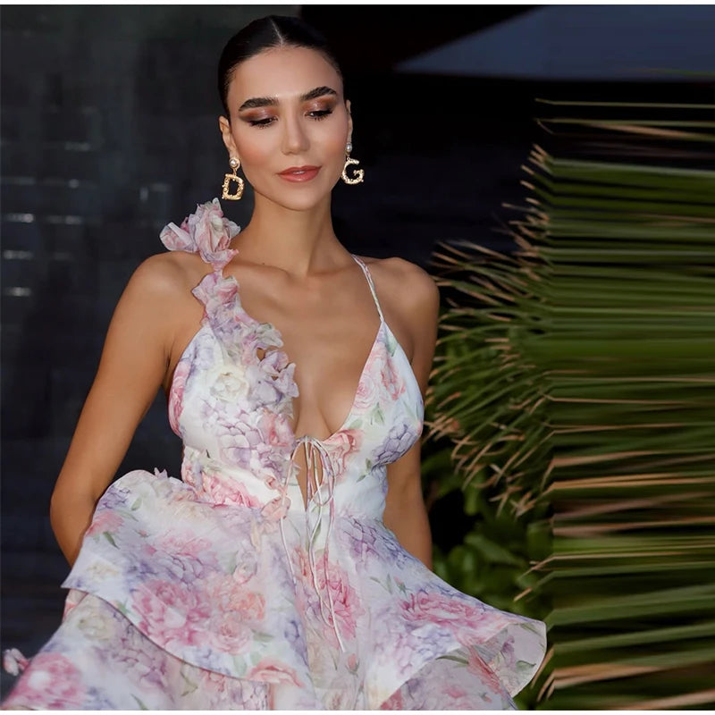 Backless Party Dress Women Elegant 3D Flower Print Sling Lace Up Ruffle A-line Mini Evening Dresses Female 2025 Summer Swimwears