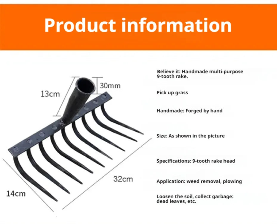 Multifunctional Ninetooth Nail Rake Household Sturdy and durable manganese steel laborsaving nail rake Garden agricultural tool