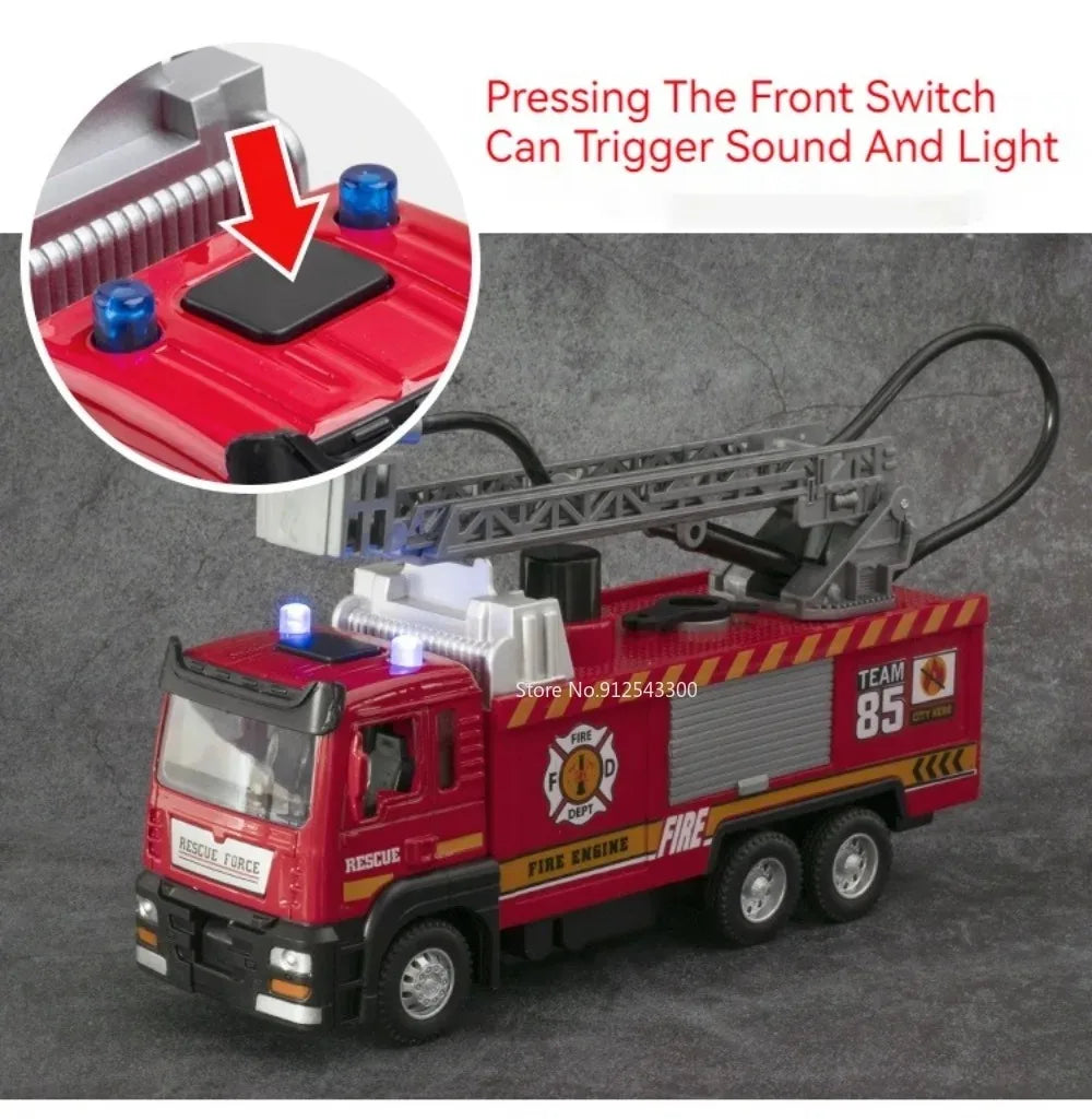 1:32 Scale Water Spray Fire Truck Model Ladder Trucks Toy Car Sound Light Pull Back Doors Opened Vehicle Collection Boys Gift