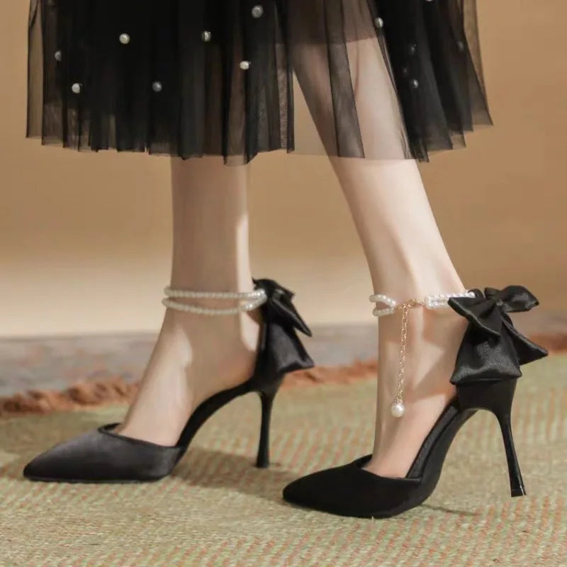 New Women Thin Heel Hollow Sandals Woman Pearl Butterfly Pointed Toe High Heels Pumps Womens Drees Shoes Wedding Shoes