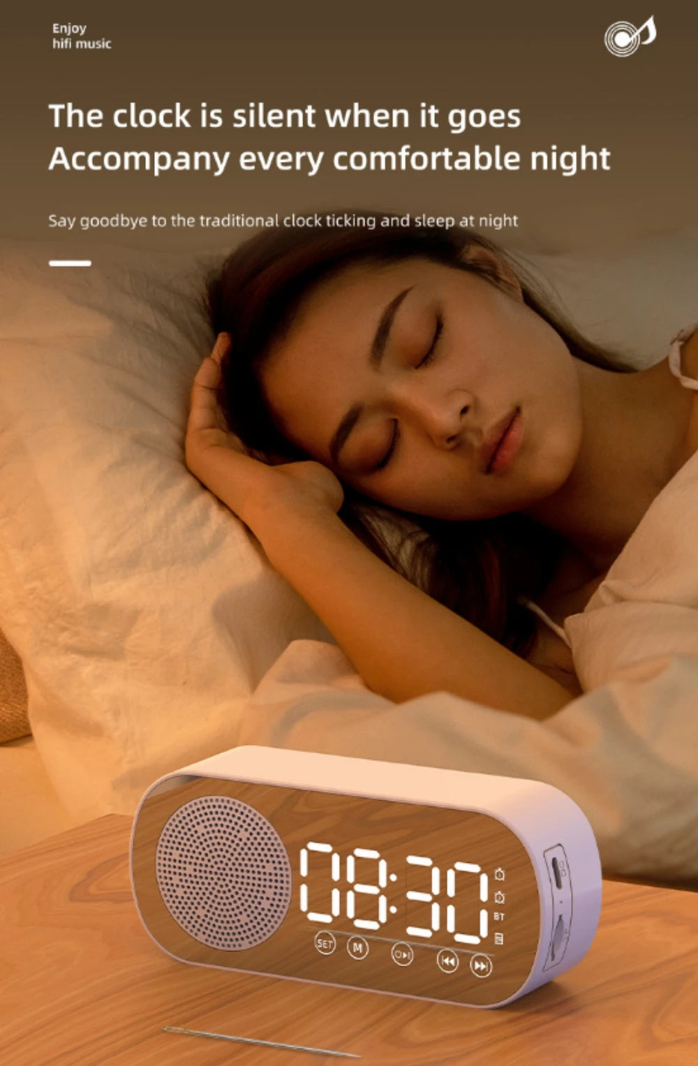 Mini Mirror Digital Alarm Clock Timer Rechargable Wireless Clock 2 Alarms FM Radio Wireless Speaker Subwoofer Desktop LED Clock