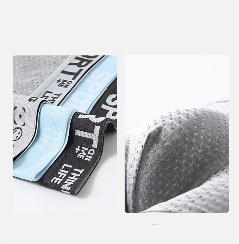 Breathable Mesh Youth Boxer Shorts Letter Print Belt Mens Underwear UltraThin Quick Drying Underpants Seamless Male Boxer Briefs