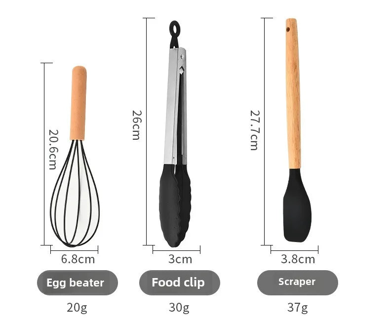 High Temperature Resistant Silicone Kitchenware with Wooden Handle12Set of Cooking Ladel Cream Scraper Tongs Egg Beater