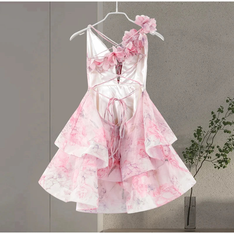 Backless Party Dress Women Elegant 3D Flower Print Sling Lace Up Ruffle A-line Mini Evening Dresses Female 2025 Summer Swimwears