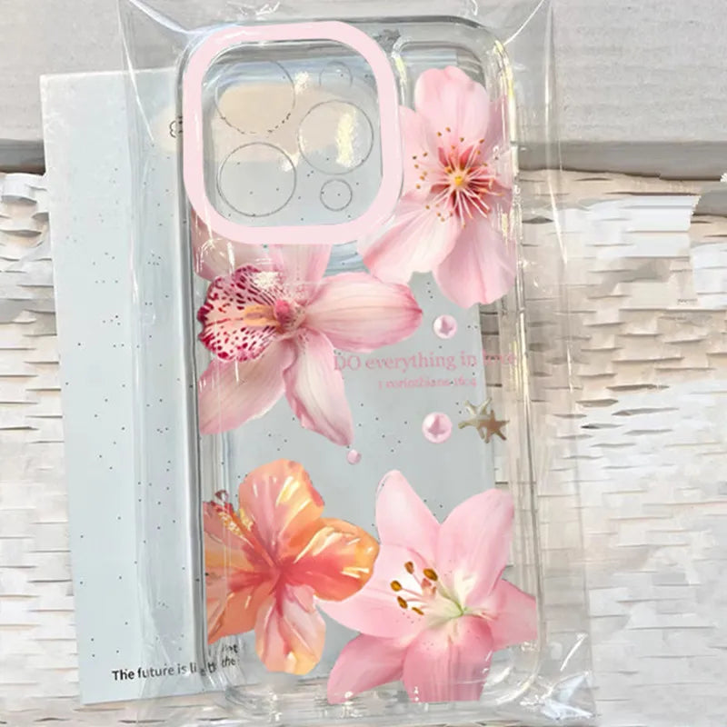 Pink Lily Flower Pattern Phone Case For iPhone 16 16e 15 14 13 12 11 Pro Max X XR XSMax 7 8 Plus SE2 Transparent Soft TPU Cover