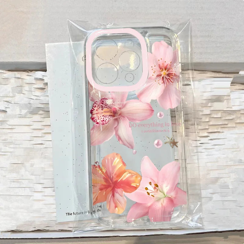 Pink Lily Flower Pattern Phone Case For iPhone 16 16e 15 14 13 12 11 Pro Max X XR XSMax 7 8 Plus SE2 Transparent Soft TPU Cover