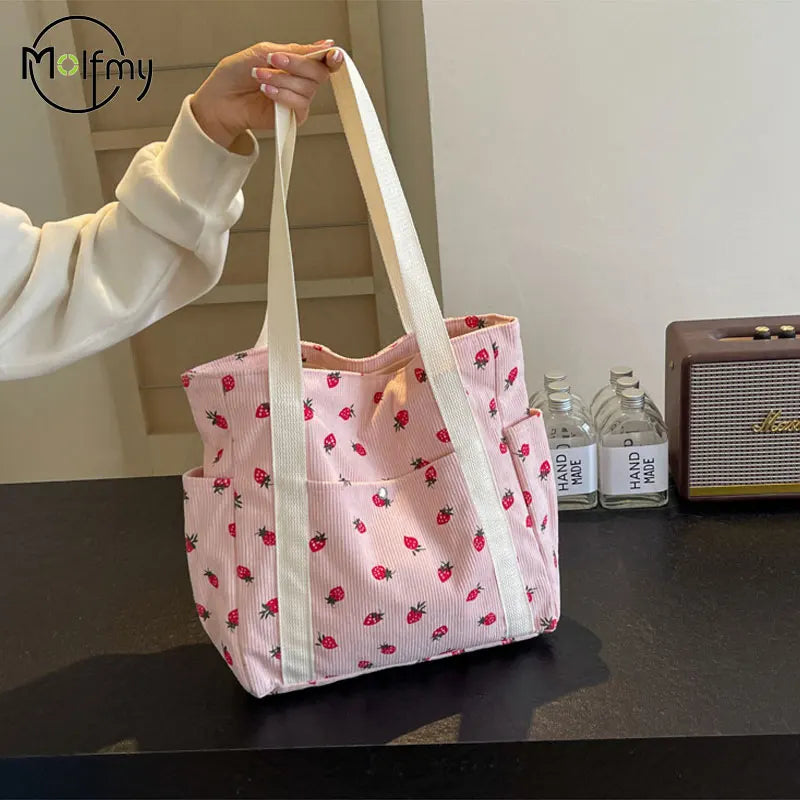 Strawberries Corduroy Handbag Sweet Women's Bag Fashionable Versatile Shoulder Bag Beautiful Simple Commuter Women's Tote Bags