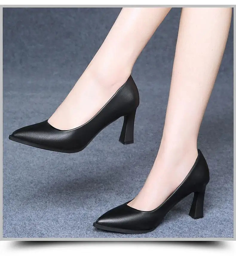 Soft PU Non-slip Single Shoe Work Shoes Women's Pumps Black Professional Interview High Heels Mid Heeled Work Leather Shoes