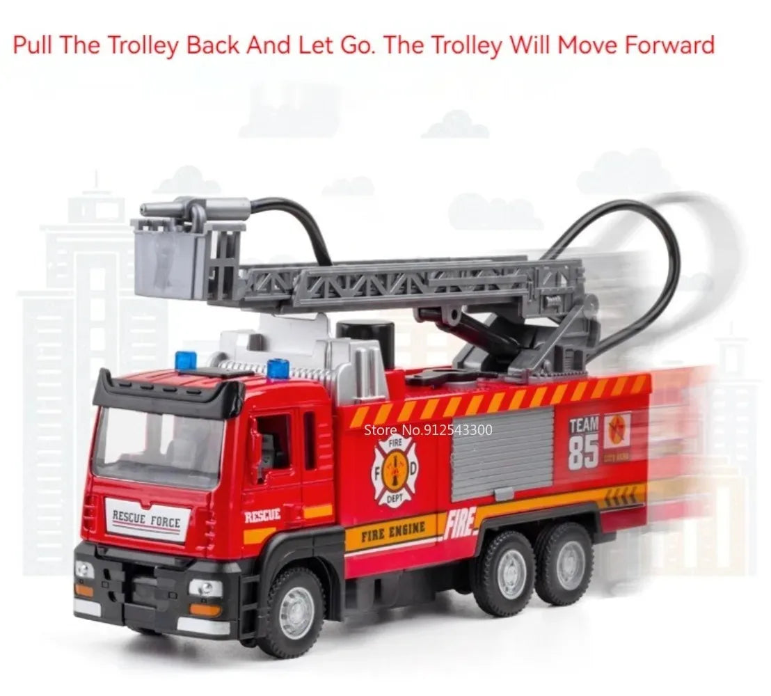 1:32 Scale Water Spray Fire Truck Model Ladder Trucks Toy Car Sound Light Pull Back Doors Opened Vehicle Collection Boys Gift