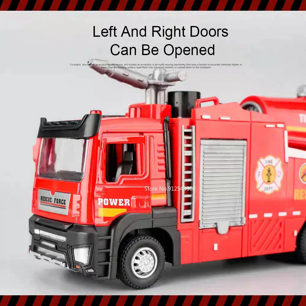 1:32 Scale Water Spray Fire Truck Model Ladder Trucks Toy Car Sound Light Pull Back Doors Opened Vehicle Collection Boys Gift