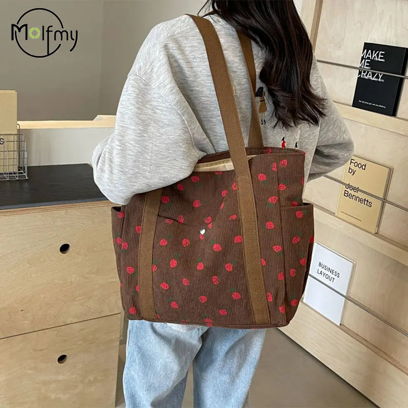Strawberries Corduroy Handbag Sweet Women's Bag Fashionable Versatile Shoulder Bag Beautiful Simple Commuter Women's Tote Bags