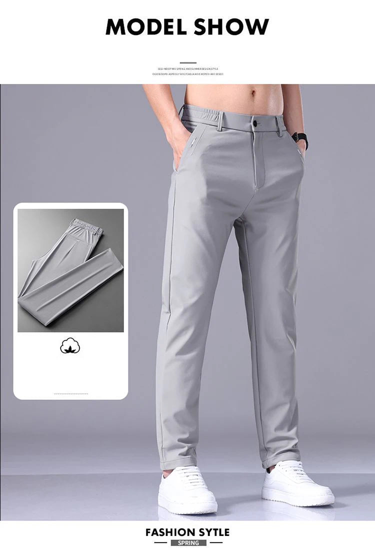 Ultra-thin Elastic Men's Casual Trousers Summer Quick-drying Ice Silk Slim Straight Business Solid Color Trousers Black Gray
