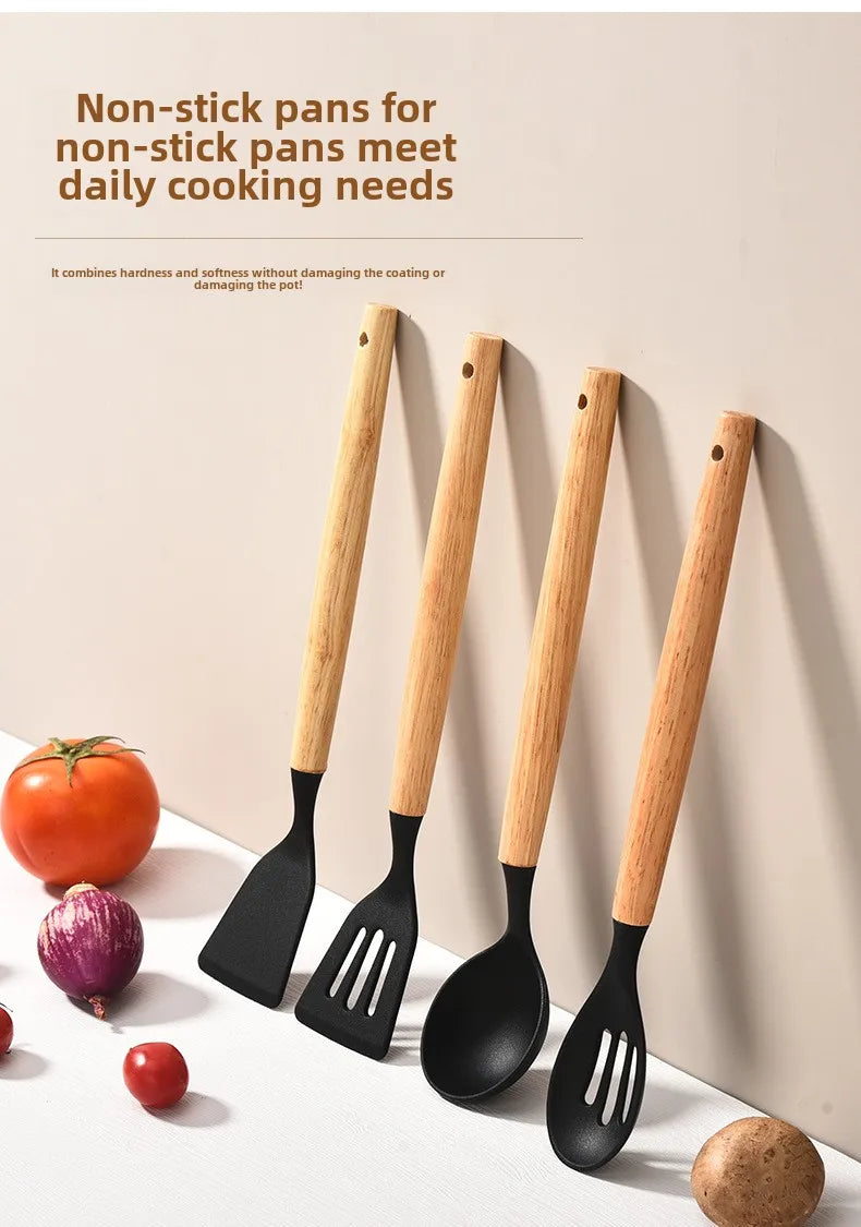 High Temperature Resistant Silicone Kitchenware with Wooden Handle12Set of Cooking Ladel Cream Scraper Tongs Egg Beater