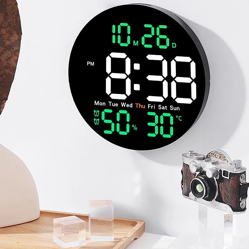 10 Inch Remote Control Digital Wall Clock Temperature Humidity Date Week Timing Countdown 2 Alarm Auto Dimmer LED Alarm Clock