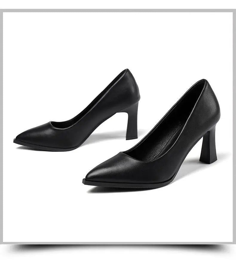 Soft PU Non-slip Single Shoe Work Shoes Women's Pumps Black Professional Interview High Heels Mid Heeled Work Leather Shoes