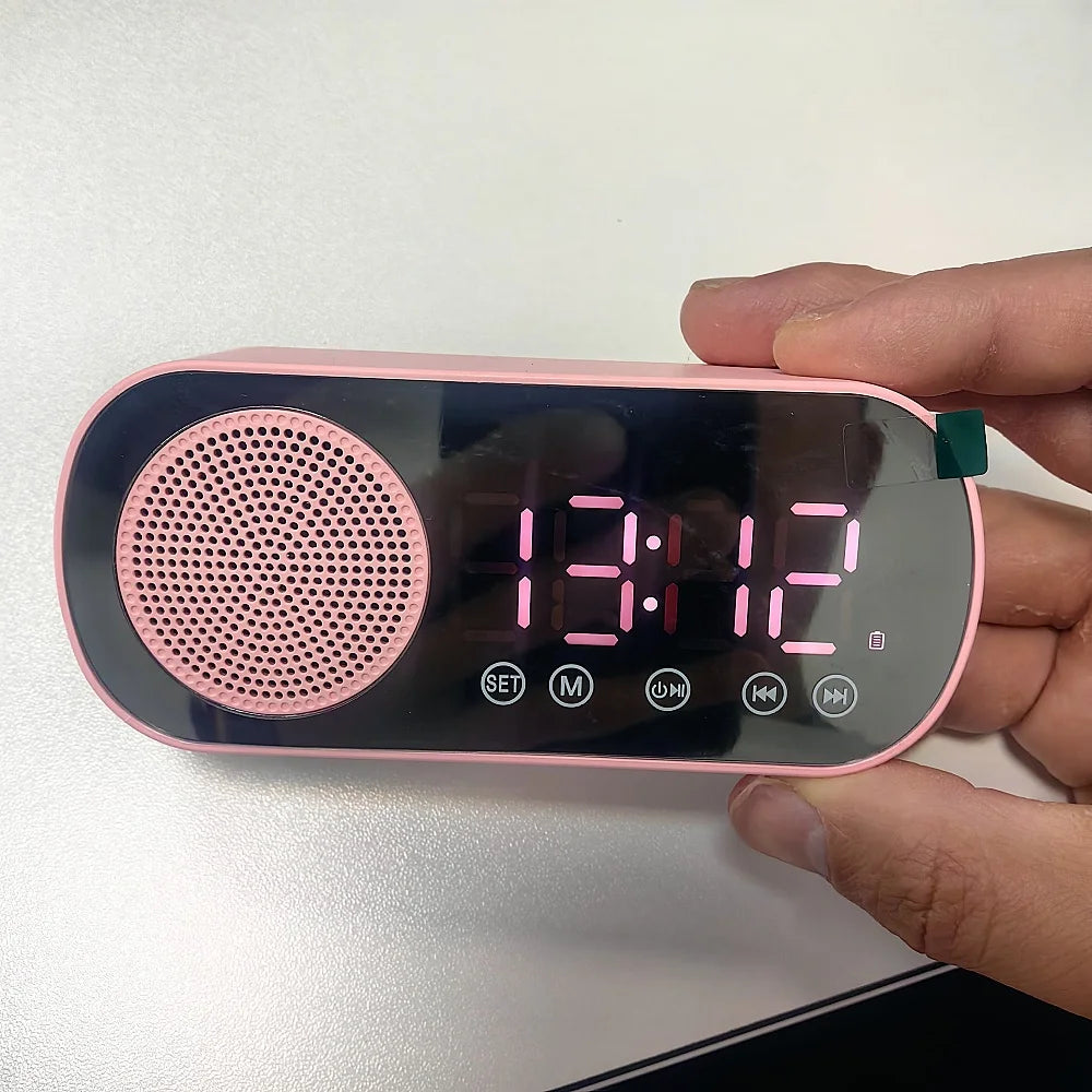 Mini Mirror Digital Alarm Clock Timer Rechargable Wireless Clock 2 Alarms FM Radio Wireless Speaker Subwoofer Desktop LED Clock