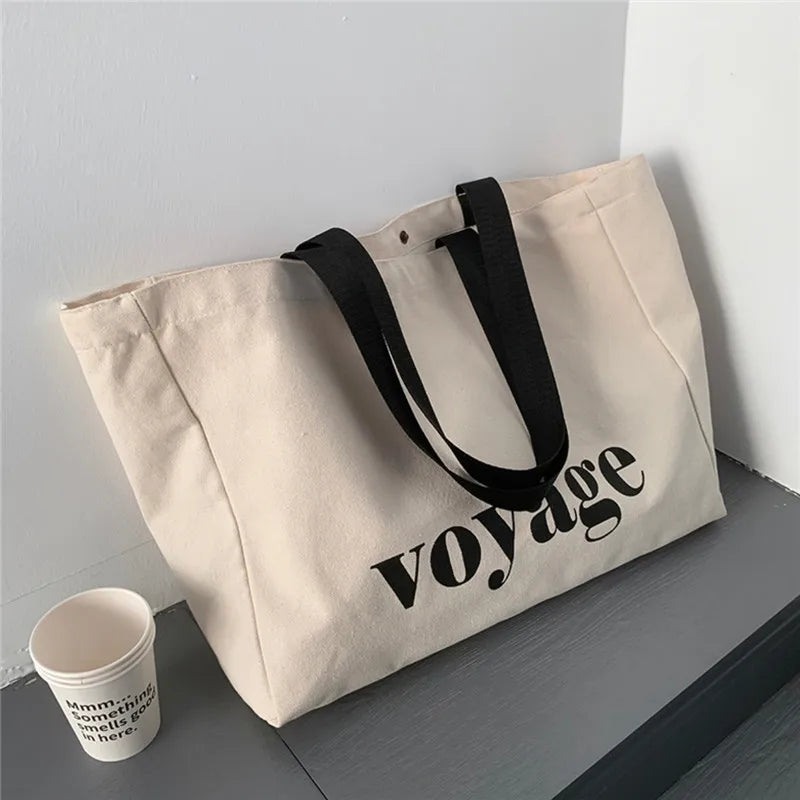 Letter Voyage Canvas Handbag Shoulder Bag Bags For Women Large Capacity Travel Shopping Tote Bag, Student School Bags