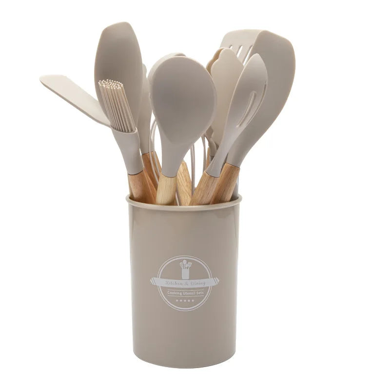 High Temperature Resistant Silicone Kitchenware with Wooden Handle12Set of Cooking Ladel Cream Scraper Tongs Egg Beater