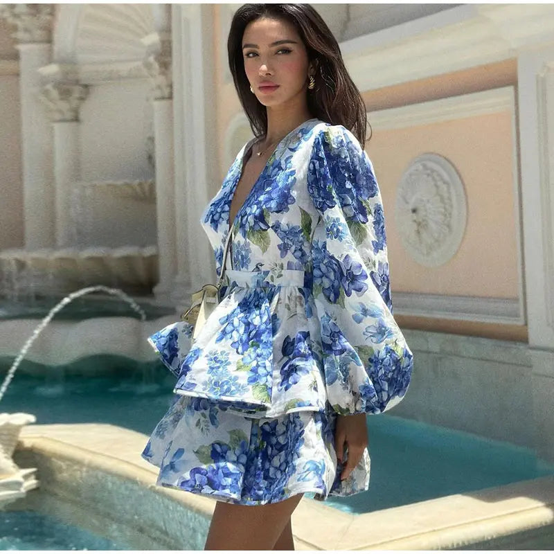 Backless Party Dress Women Elegant 3D Flower Print Sling Lace Up Ruffle A-line Mini Evening Dresses Female 2025 Summer Swimwears